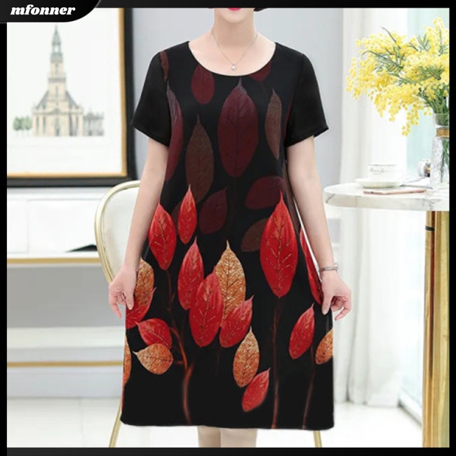 Đầm Midi Tay Ngắn Cổ Tròn Dáng Chữ A Vải Lụa Lạnh In Hoa Thời Trang Cho Bạn Gái