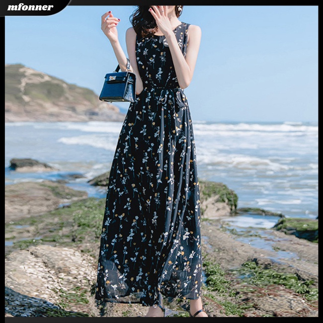 Đầm Dài Sát Nách Cổ Tròn Eo Co Giãn In Họa Tiết Hoa Cho Nữ