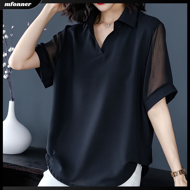 Áo Sơ Mi Chiffon Tay Ngắn Cổ Chữ V Màu Trơn Thời Trang Mùa Hè Cho Nữ