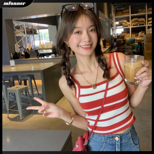 Áo Hai Dây Dệt Kim Kẻ Sọc Thoáng Khí Phong Cách Retro Cho Nữ