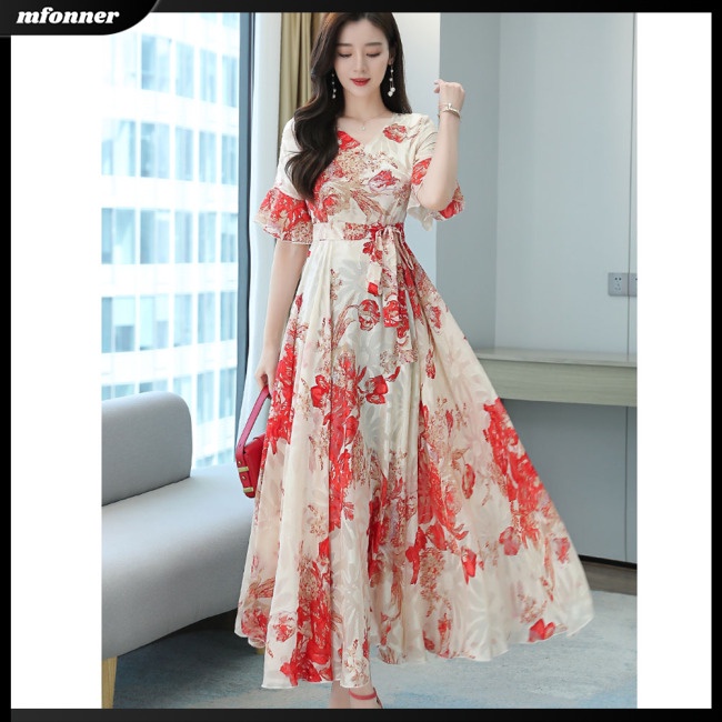 Đầm Tay Ngắn Cổ Chữ V Ôm Eo Thoáng Khí In Họa Tiết Hoa Phong Cách Phương Tây Thời Trang Mùa Xuân Cho Nữ