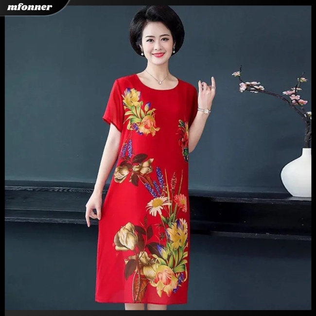 Đầm Tay Ngắn Cổ Tròn Dáng Rộng In Họa Tiết Thời Trang Sang Trọng Cho Phụ Nữ Trung Niên