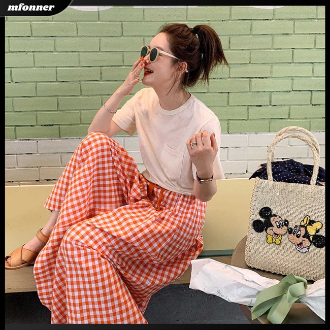 Quần Culottes Lưng Cao Ống Rộng Họa Tiết Sọc Caro Phong Cách Retro