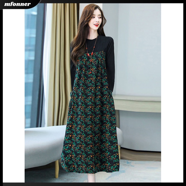 Đầm Giả Hai Lớp Tay Dài Cổ Tròn In Họa Tiết Hoa Dáng Rộng Thời Trang Cho Nữ