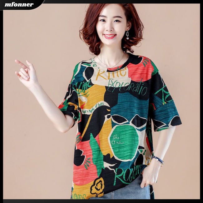 Áo Thun Tay Ngắn Dáng Rộng Cổ Tròn In Họa Tiết Thời Trang Cho Nữ