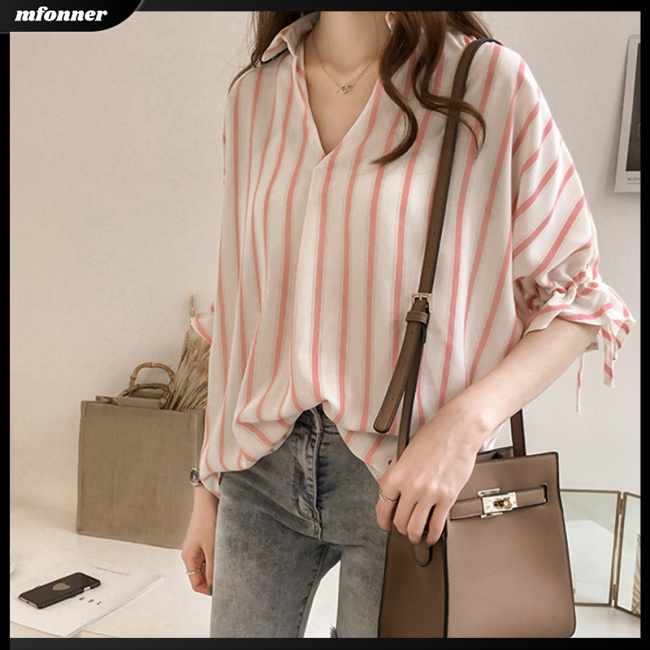 Áo Sơ Mi Chiffon Tay Lửng Dáng Rộng Họa Tiết Kẻ Sọc Thời Trang Mùa Hè Cho Nữ