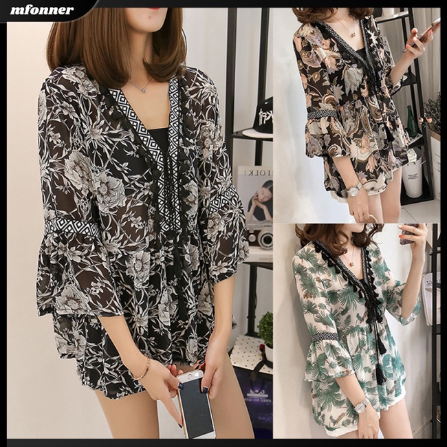 Áo Sơ Mi Chiffon Dáng Rộng Cổ Chữ V In Họa Tiết Hoa Dành Cho Nữ