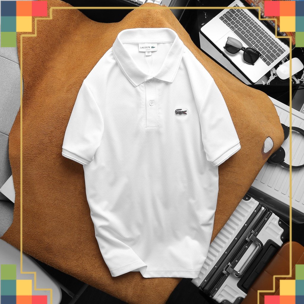 SHOP QAXK - Áo thun có cổ polo trắng LCST dệt gai cao cấp Mã Nối Chuyền đỉnh có khắc chữ trên nút và nút sê cua - POLCS