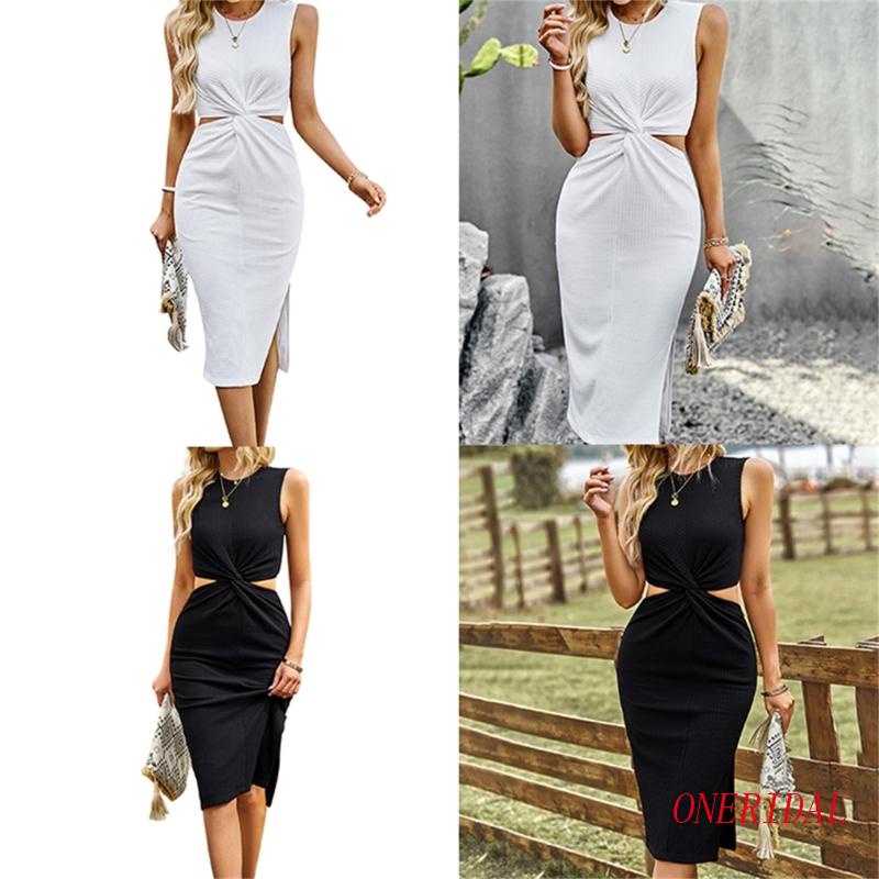 Đầm Midi Sát Nách Cổ Tròn Màu Trơn Dáng Ôm Xẻ Tà Quyến Rũ Cho Nữ