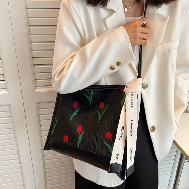 Túi tote Đeo Vai Sức Chứa Lớn Thêu Họa Tiết Hoa tulip Dễ Phối Đồ Thời Trang Cho Nữ