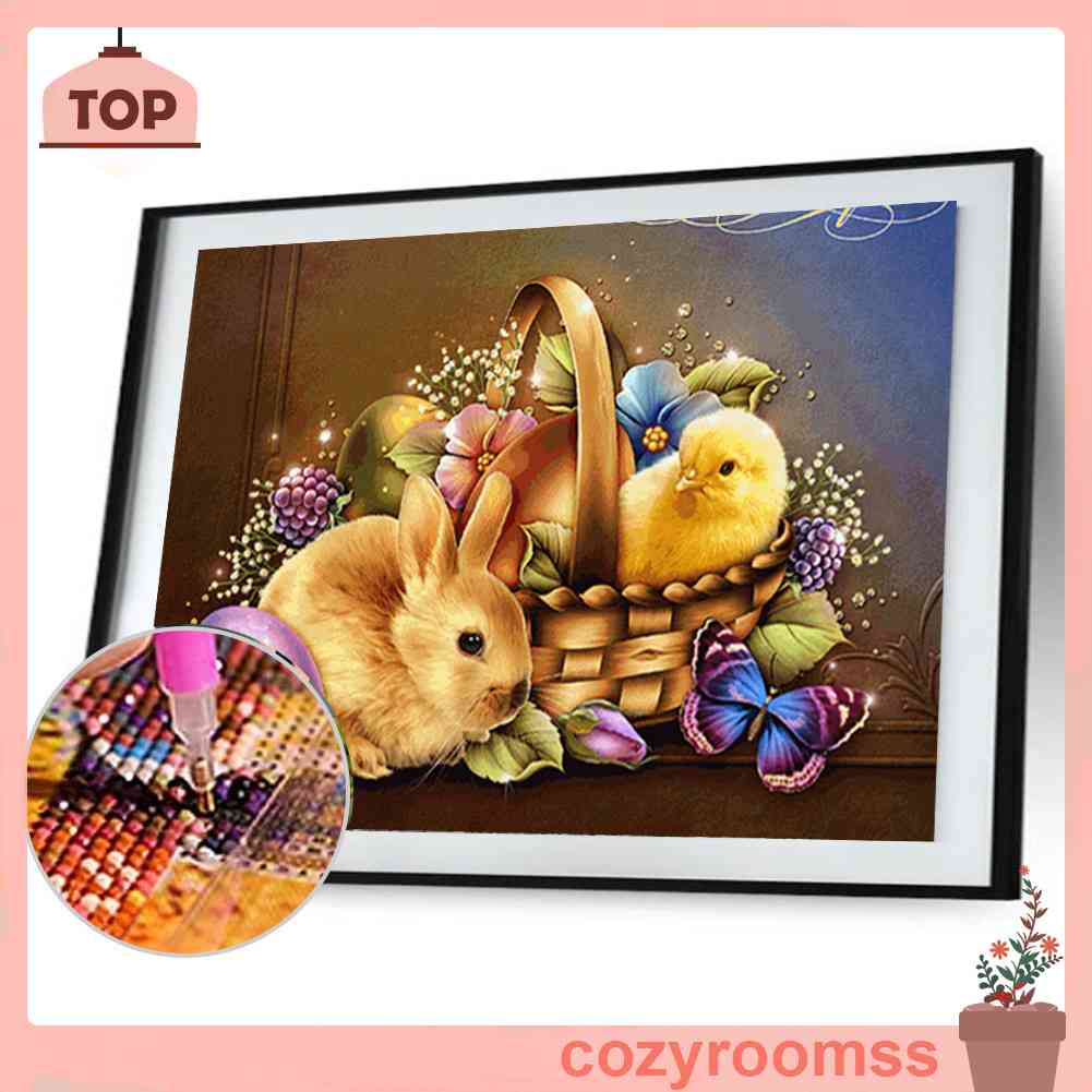 Tranh Đính Đá Kim Cương Toàn Bộ 5D DIY Hình Vẽ Gà Thỏ Phục Sinh