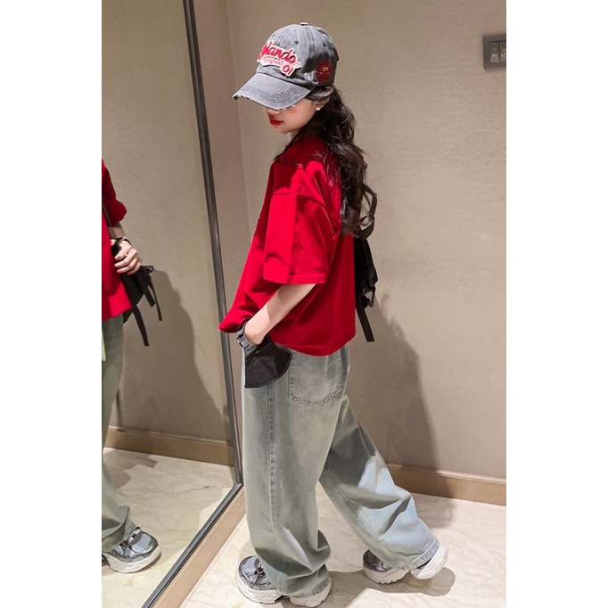 Set Áo Thun Ngắn Tay Và Quần Jeans Ống Rộng Phong Cách Phương Tây Thời Trang Mùa Hè Mới Cho Bé Gái