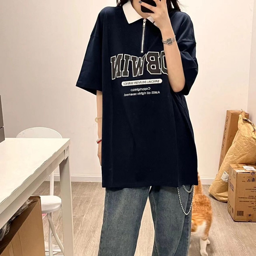 Áo polo Ngắn Tay Dáng Rộng Phối Khóa Kéo Thời Trang Mùa Hè Dành Cho Nữ