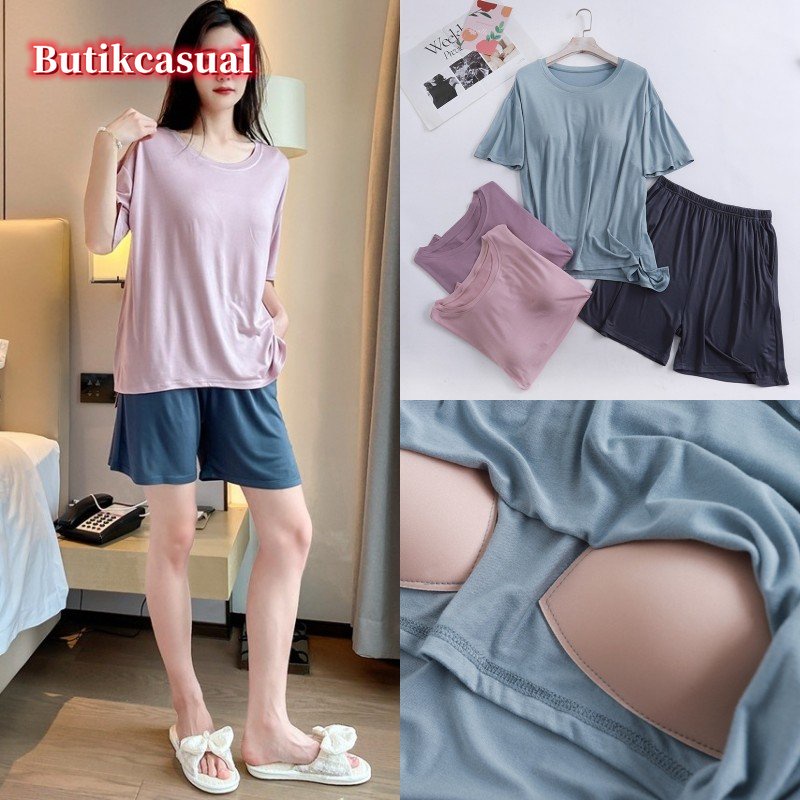 Bộ Đồ Ngủ 2 Món Gồm Áo Cotton Tay Ngắn Cổ Tròn Và Quần Ngắn Có Đệm Ngực Màu Trơn Thời Trang Mùa Hè 2023 Dành Cho Bạn Nữ
