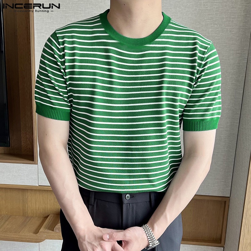 INCERUN Áo Thun Tay Ngắn Họa Tiết Kẻ Sọc Màu Tương Phản Thời Trang Cá Tính Cho Nam