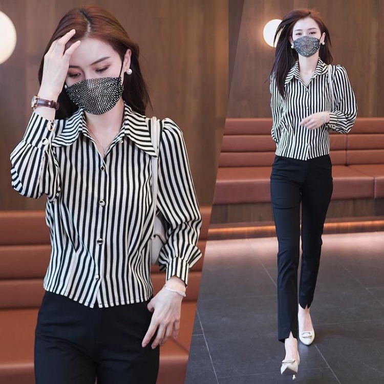 Áo Sơ Mi Tay Dài Kẻ Sọc In Chữ Thời Trang Công Sở Cho Bạn Gái