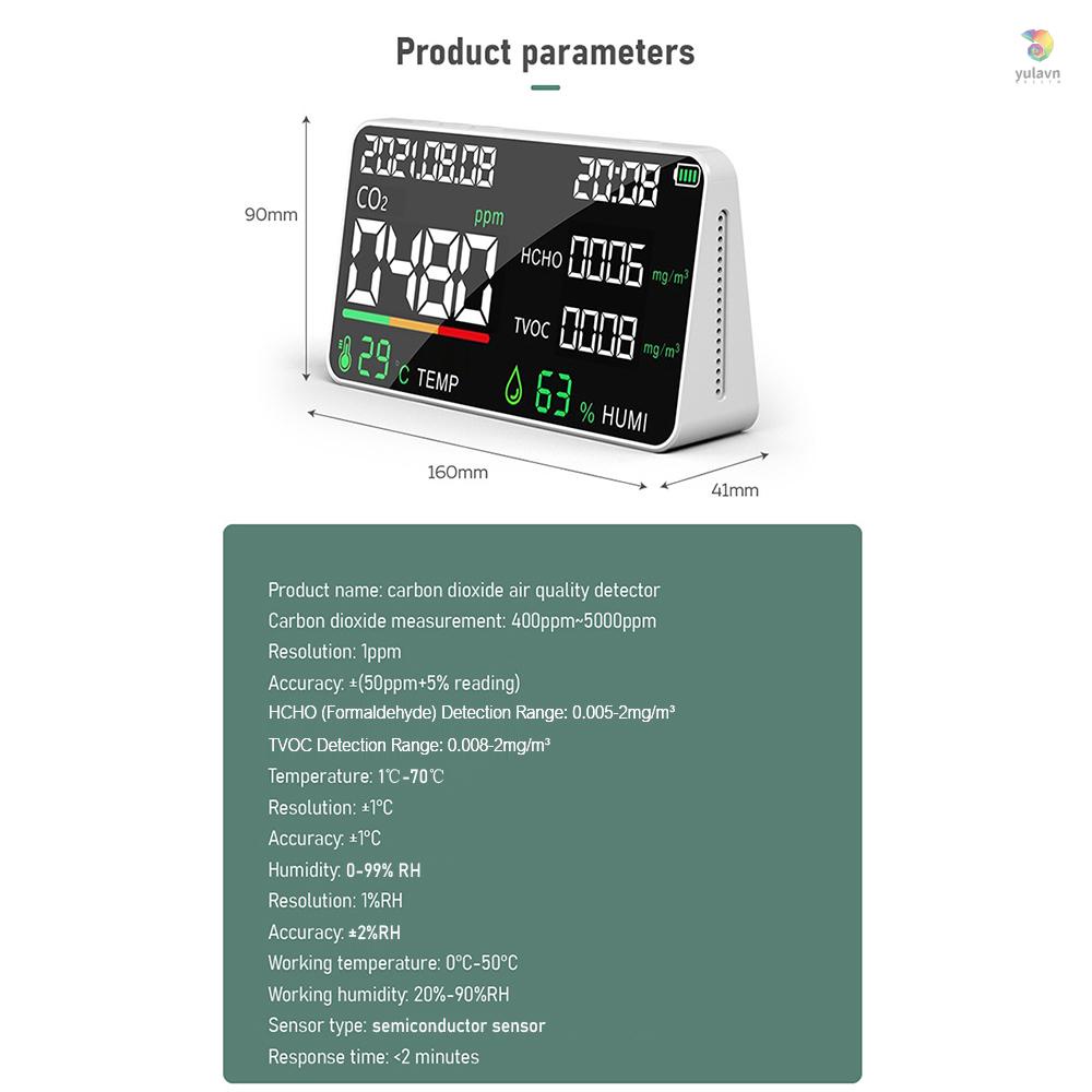Thiết Bị Đo Độ Ẩm Không Khí CO2 Có Đèn LED Kỹ Thuật Số 5 Trong 1 Formaldehyde HCHO TVOC