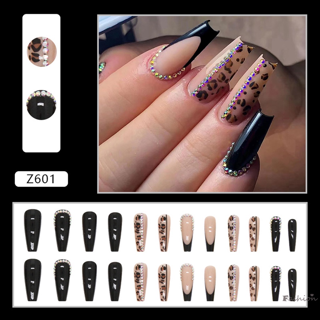 Bộ Móng Tay Giả Dài Màu Đen Đính Đá Nhiều Màu Sắc Không Gây Hại Và Viền Mượt Mà