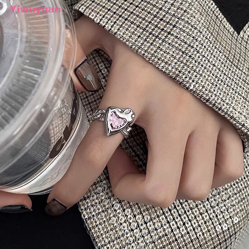 < Yiwuyuan > Nhẫn Đính Đá Pha Lê Hồng Hình Trái Tim Phong Cách Goth Harajuku Cổ Điển Thập Niên 90 Cho Nữ EMO Y2K
