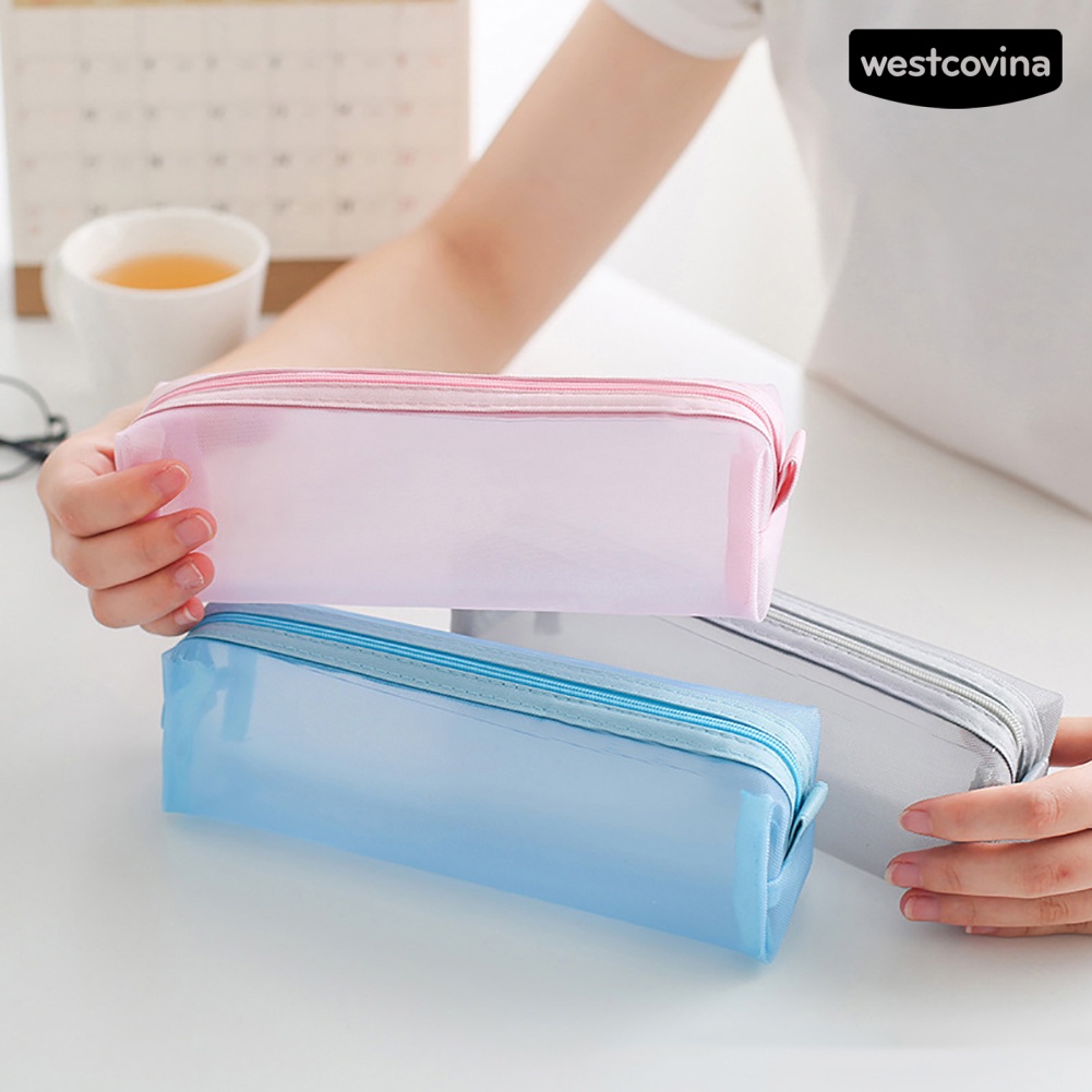 [COD]♪Túi Lưới Đựng Bút Trong Suốt Màu Trơn Có Khóa Kéo Tiện Dụng Cho Học Sinh