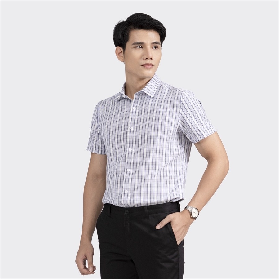 Áo sơ mi nam ngắn tay ARISTINO phom Slim Fit ôm, màu trắng kẻ xanh tím than nam tính, lịch lãm - ASS069S2