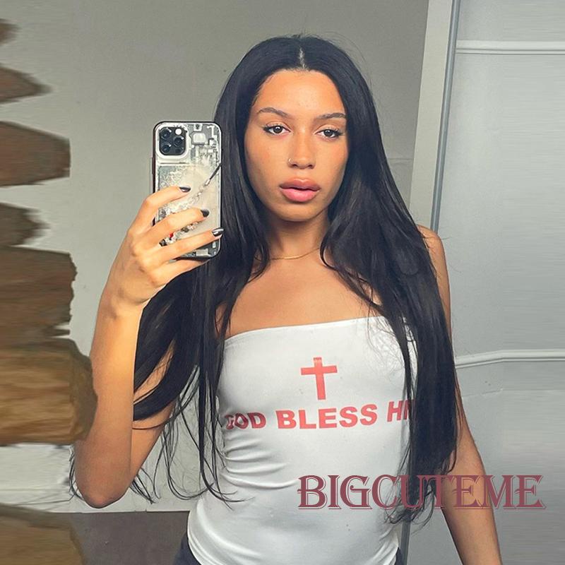 [] Áo Ống Không Dây Mỏng Vừa Vặn Họa Tiết Chữ Thập Màu Trắng Thời Trang Mùa Hè Cho Nữ