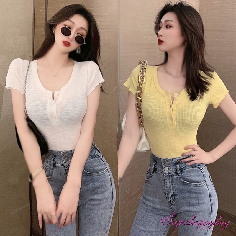 Áo Dệt Kim Tay Ngắn Cổ Chữ V Khoét Sâu Màu Trơn Dễ Thương Thời Trang Mùa Xuân Cho Nữ