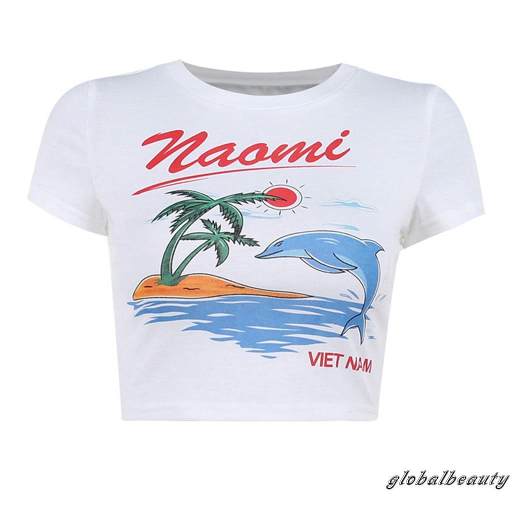 Áo Thun Crop Top Tay Ngắn Cổ Tròn In Chữ Thời Trang Mùa Hè Dành Cho Nữ