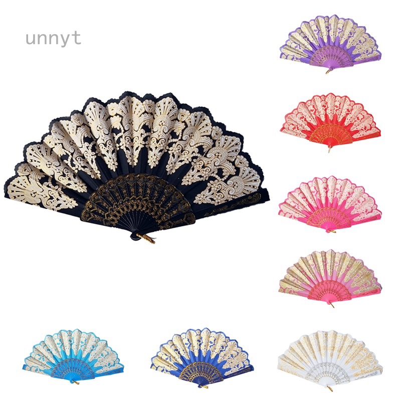 Quạt Xếp Cầm Tay Bằng Lụa Phối Ren Hoa Sang Trọng Thời Trang Dùng Trang Trí Tiệc Cưới