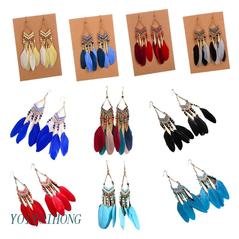 Bông Tai Dáng Dài Phối Lông Vũ Phong Cách Bohemian Thời Trang Mùa Hè Cho Nữ