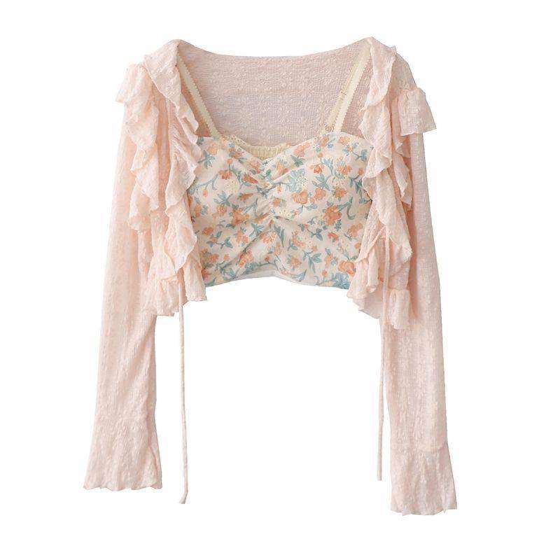 Bộ Áo Khoác Cardigan Ren Hoa Dệt Kim Chống Nắng + Đầm Hai Dây Nhỏ Thời Trang Mùa Hè Kiểu Pháp