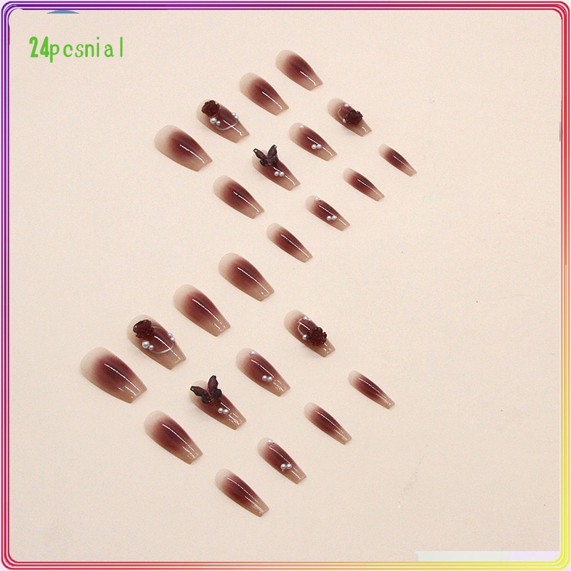 Bộ 24 Phụ Kiện Trang Trí Móng Tay Hình Hoa Trà Và Bươm Bướm Màu Đỏ San Hô Xinh XắnMóng Tay Giả 3d / Móng Tay Giả Kèm Keo Móng Dài/ nơ kèm keo dán dễ thương xinh xắn