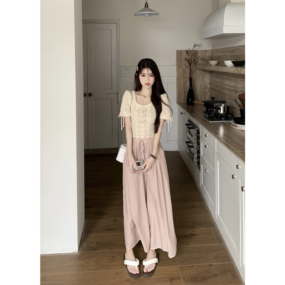 Bộ Áo Dệt Kim Cổ Vuông Ôm Dáng + Quần Lưng Cao Ống Rộng Xinh Xắn Dành Cho Nữ