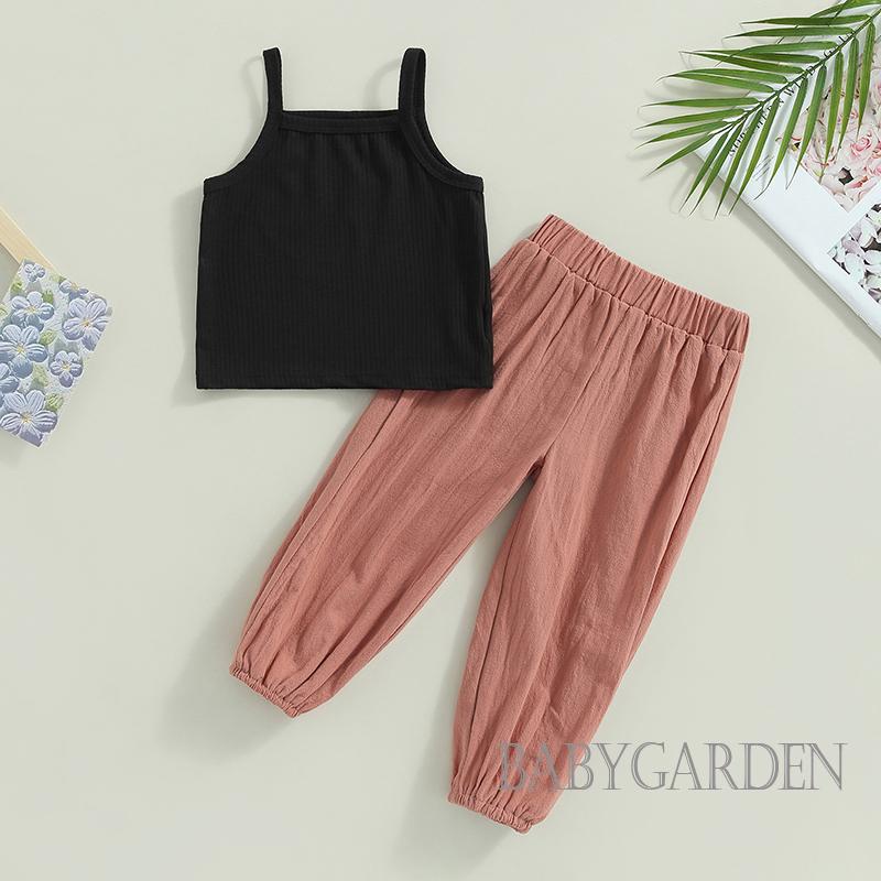 Bộ Áo Hai Dây Gân Đen + Quần Trơn Màu Dáng Rộng Thời Trang Mùa Hè Cho Bé Gái 2-7 Tuổi