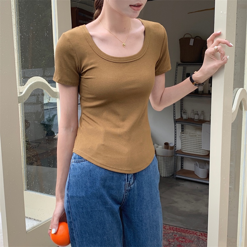 Áo Thun Tay Ngắn Cổ Chữ U Ôm Dáng Phong Cách Hàn Quốc Thời Trang Mùa Hè Mới Cho Nữ