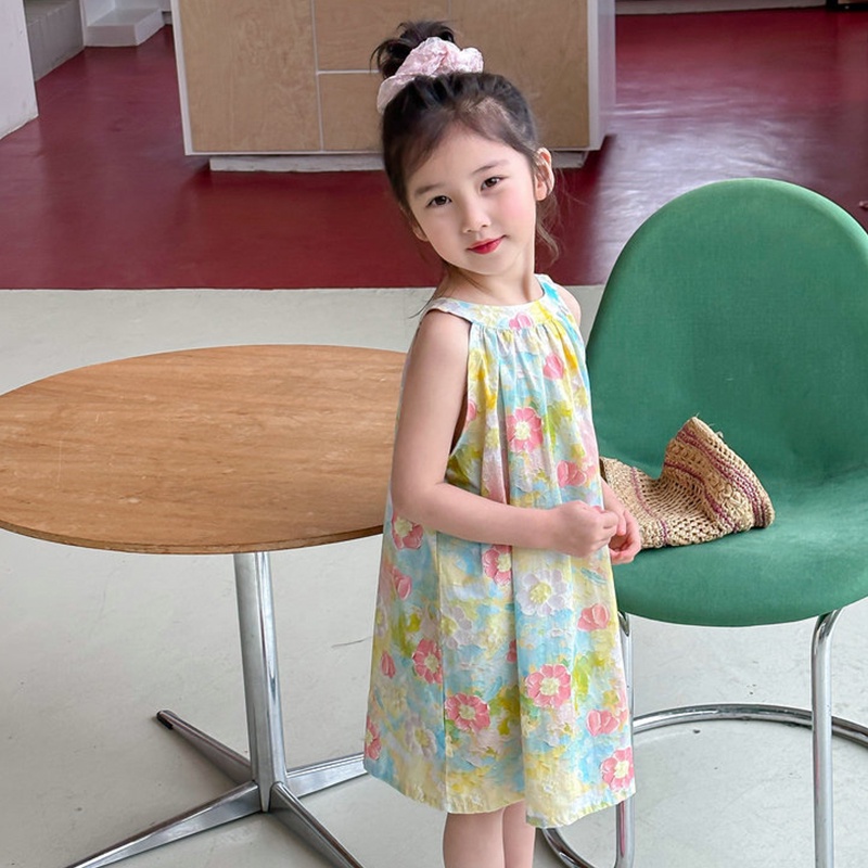 Đầm Hai Dây Không Tay In Hoa Phong Cách Hàn Quốc Cho Bé Gái 1-6 Tuổi