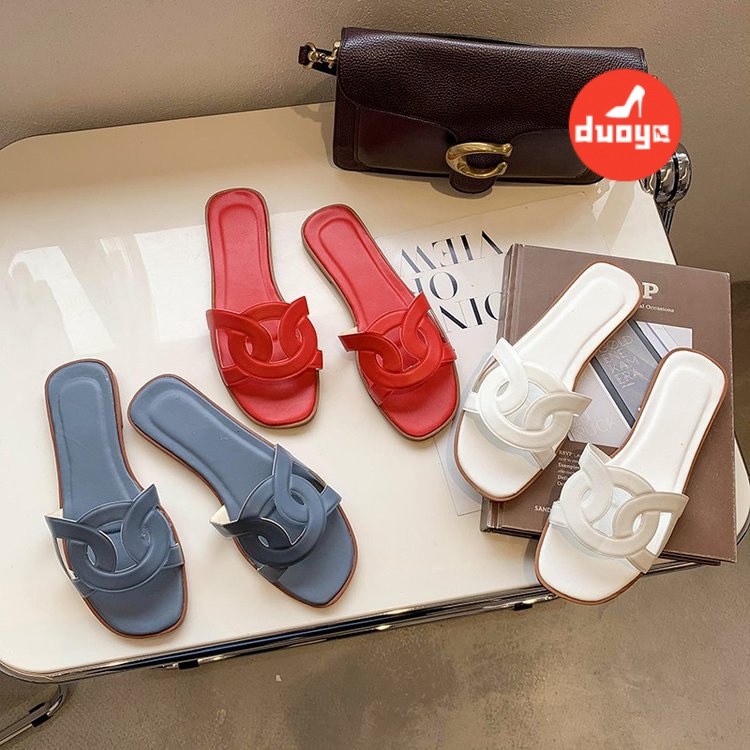 Duoya Dép Cao Su PU Gót Thấp 3cm Màu Trơn