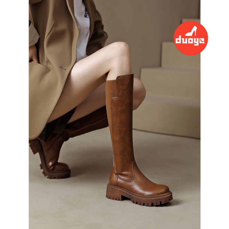 Duoya Tóc Thẳng ~ [Hàng Có Sẵn] Giày Bốt Ống Cao Dày Màu Nâu Cổ Điển Anh Quốc Cho Nữ