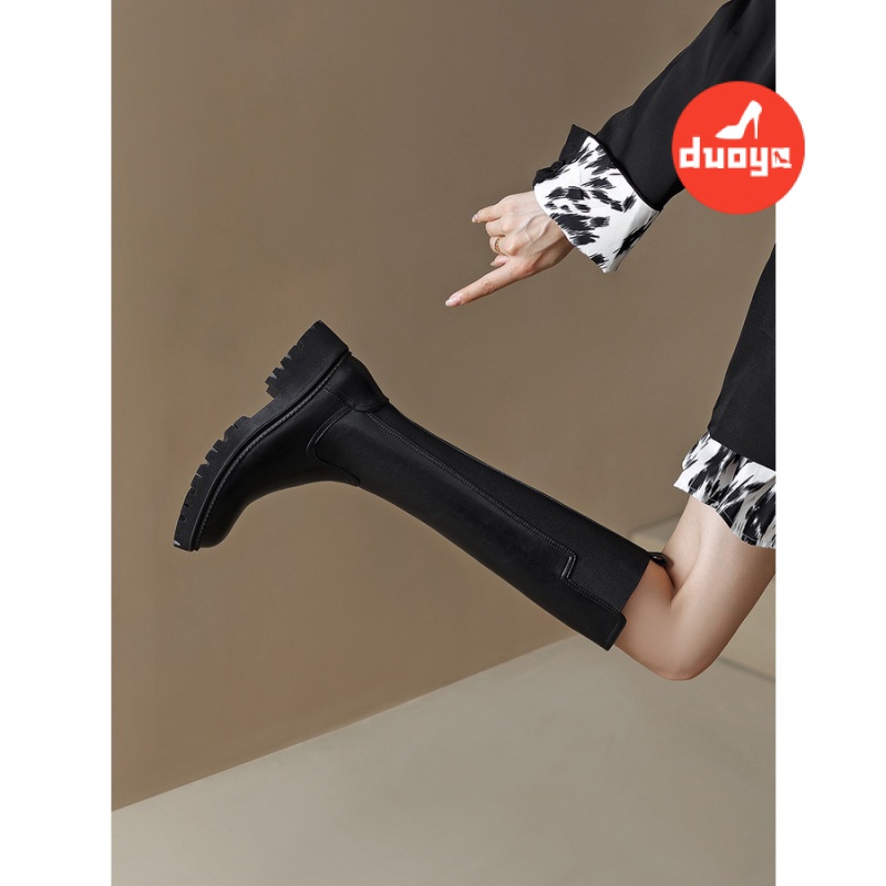 Duoya Tóc Thẳng ~ [Hàng Có Sẵn] Giày Bốt Ống Cao Dày Màu Nâu Cổ Điển Anh Quốc Cho Nữ