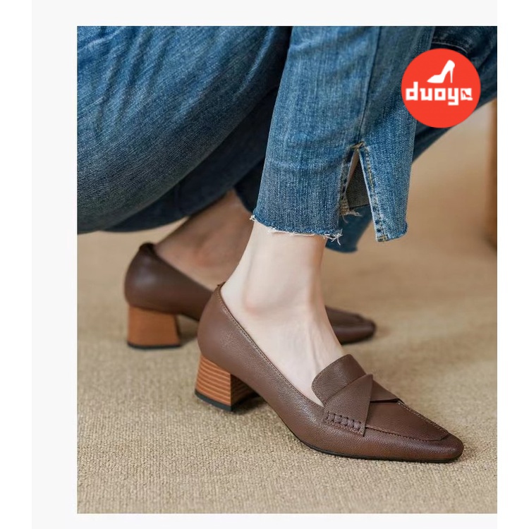 Tóc Duoya Thẳng ~ [Hàng Có Sẵn] Giày Búp Bê Mũi Vuông Đế Mềm Phẳng Gót Thấp Phối Màu Khóa Kim Loại Hợp Thời Trang Cho Nữ (3cm) Giày Cao Su Mũi Nhọn Thời Trang Thanh Lịch Cho Nữ