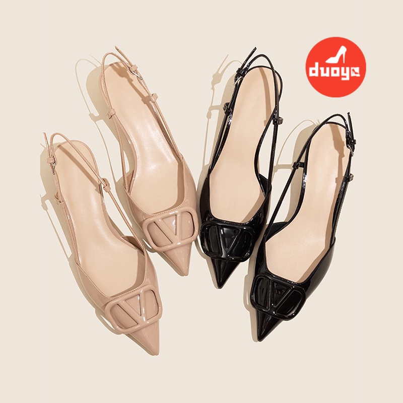 Duoya Tóc Thẳng ~ [Hàng Có Sẵn] Giày Cao Gót Da Mềm Mũi Nhọn Miệng Nông Hở Ngón Có Khóa Cài Chữ V Cho Nữ Miễn Phí Vận Chuyển