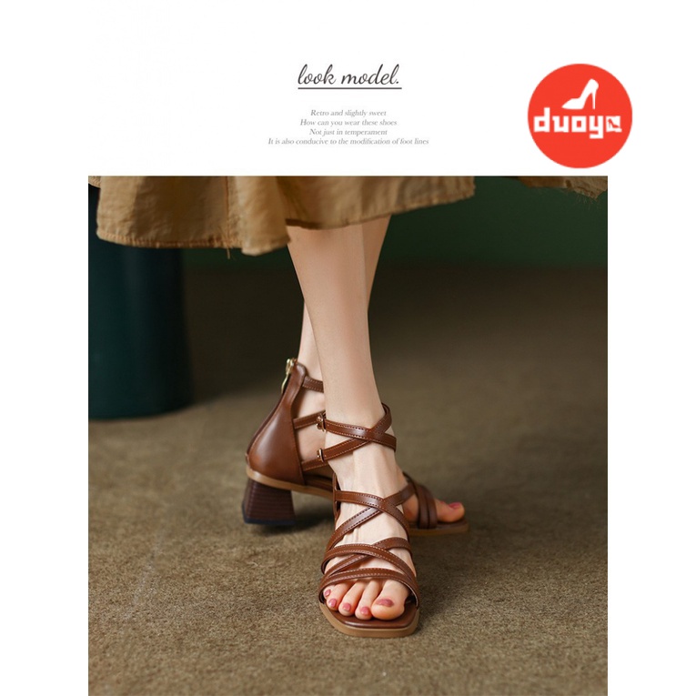 Duoya Tóc Thẳng ~ [Hàng Có Sẵn] Sandal Cao Gót Dây Mỏng Màu Nâu Thiết Kế La Mã Cho Nữ Miễn Phí Vận Chuyển