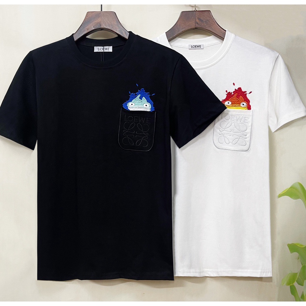 Áo Thun Tay Ngắn Cổ Tròn Thêu Chữ Màu Xanh L0EWE Size S-4XL Thời Trang Cho Nam