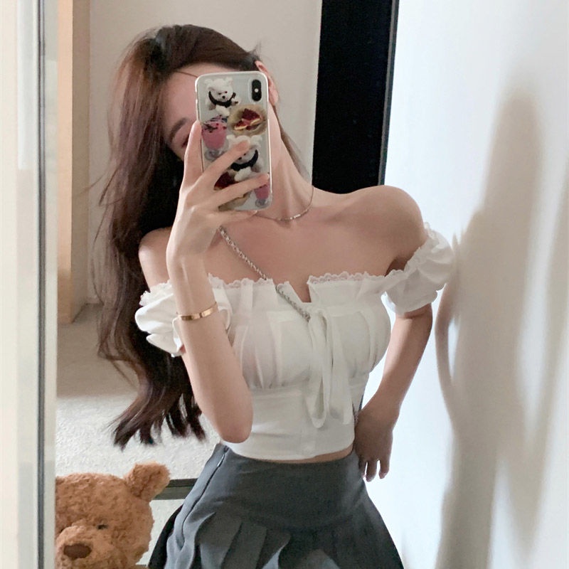 Áo Croptop Trễ Vai Tay Ngắn Dáng Ôm Thời Trang Mùa Hè Xinh Xắn Cho Nữ