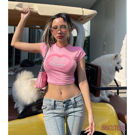 Áo Thun Crop Top Tay Ngắn In Chữ Đính Đá Phong Cách Thời Trang Đường Phố Cho Nữ