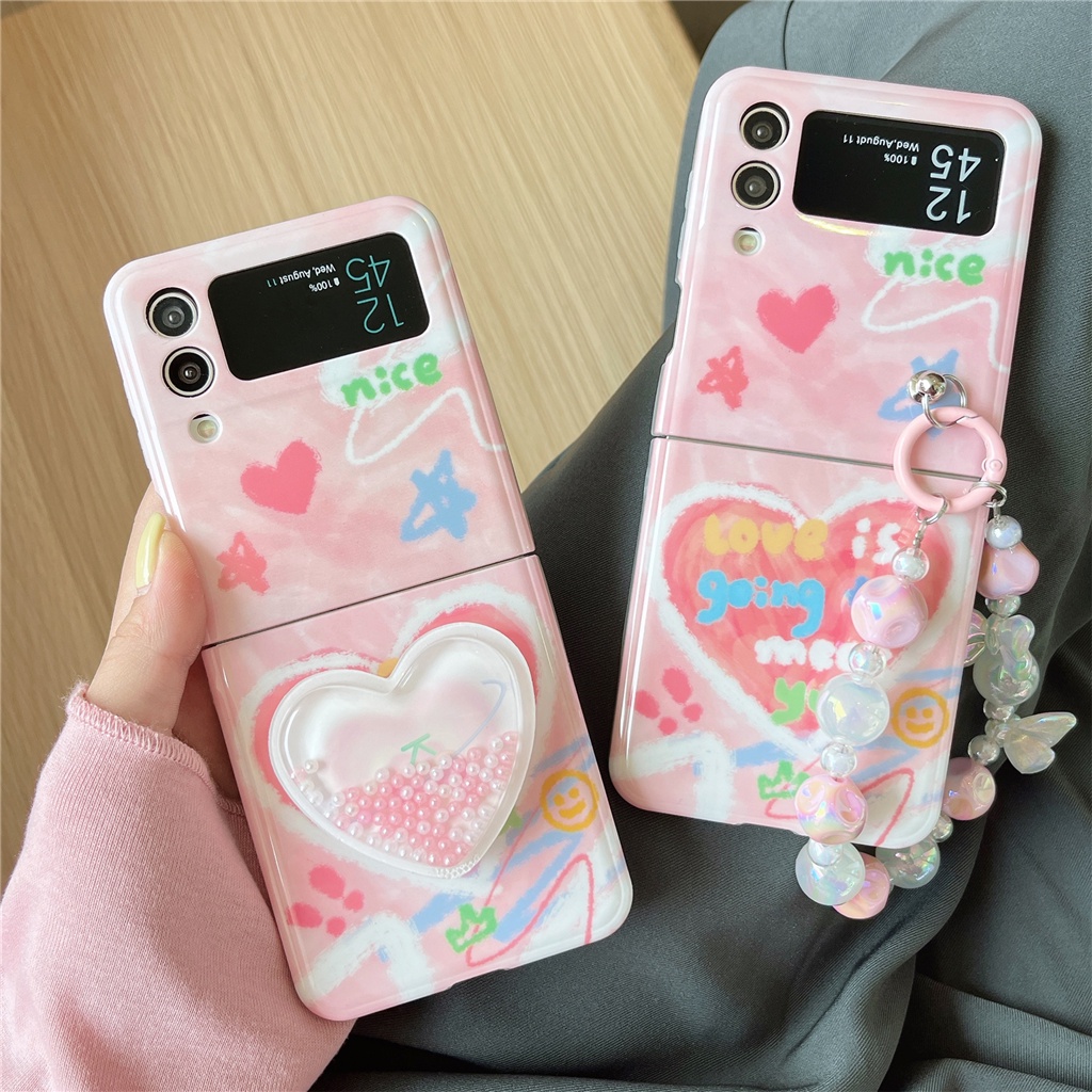 Ốp Điện Thoại Họa Tiết Trái Tim 3D Dễ Thương Kèm Dây Đeo Tay Cho Galaxy Z Flip3 5G Z Flip3 Zflip3 Flip4 Zflip4