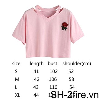 Áo thun nữ cổ chữ v ngắn tay thêu hoa hồng