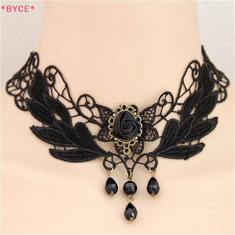 Vòng Cổ Choker Phối Ren Đính Hạt Và Đá Hình Giọt Nước Màu Đen Phong Cách Lolita Thời Trang Cho Nữ Mới