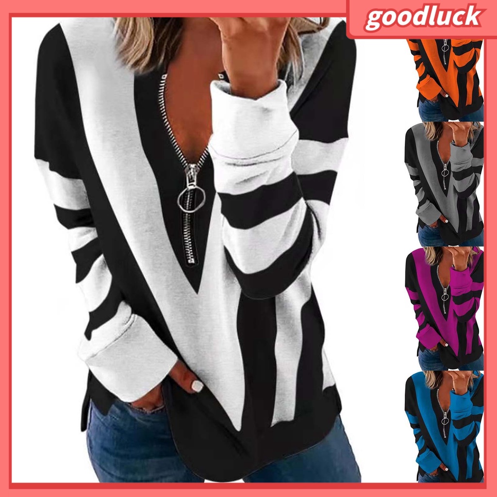 Áo Kiểu Tay Dài Mềm Mại Co Giãn Cổ Chữ V In Họa Tiết Kẻ Sọc Phối Khóa Kéo Cho Nữ