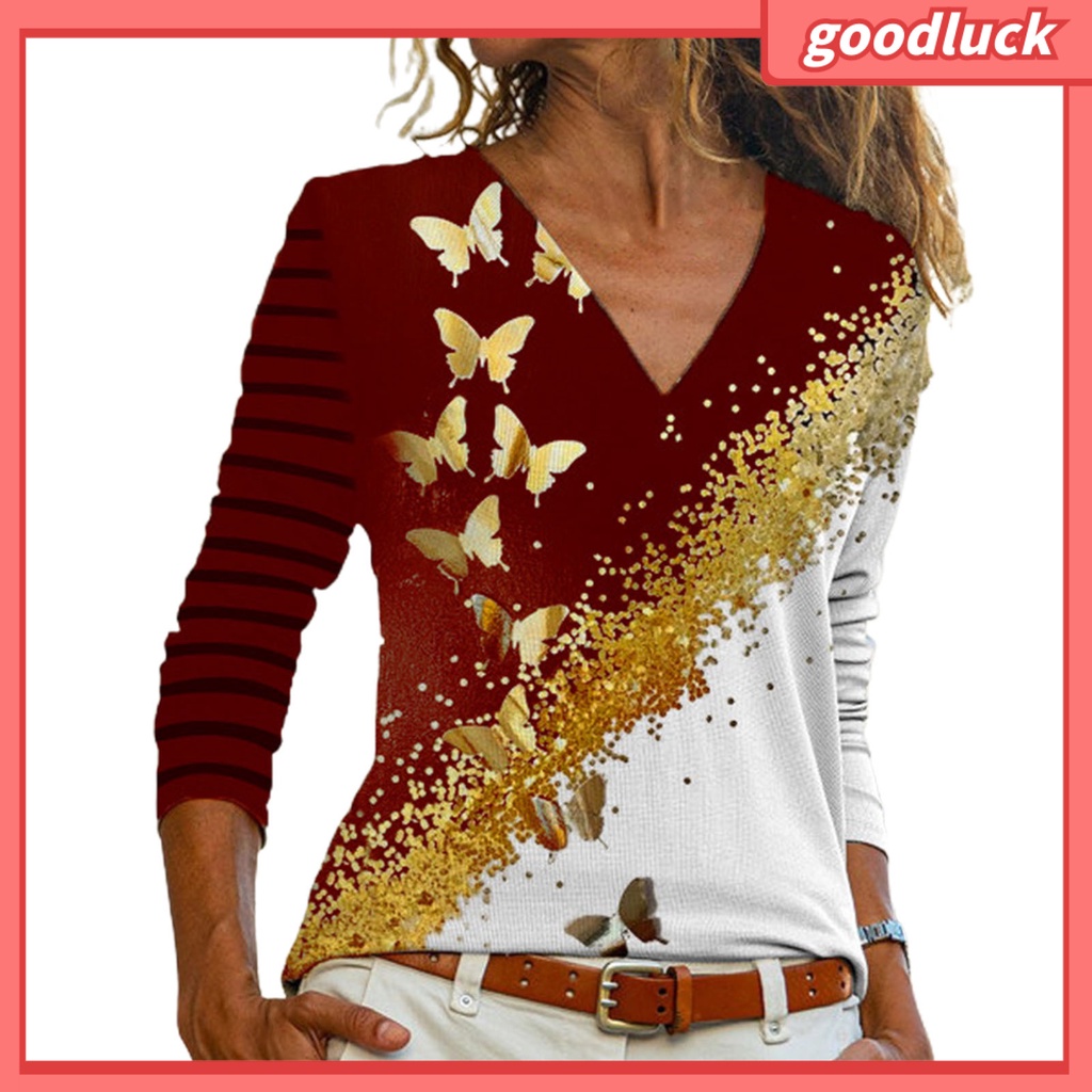 Áo Thun Nữ Tay Dài Cổ Chữ V In Hình Bướm Thời Trang